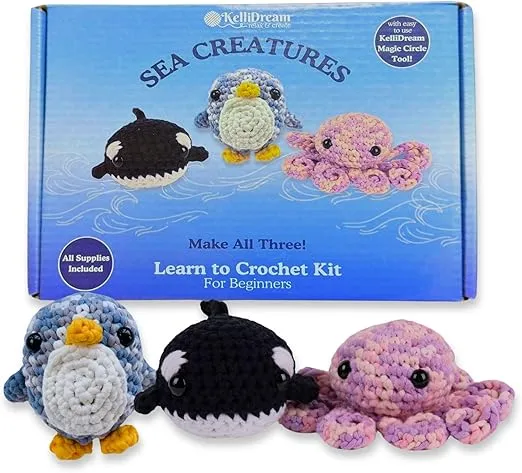 KelliDream Learn to Crochet Kit for Beginner Adults with Magic Circle Tool; Step-by-Step Video Tutorials; Crochet Supplies to Make Cute Crochet Octopus Penguin Whale (Sea Creatures)