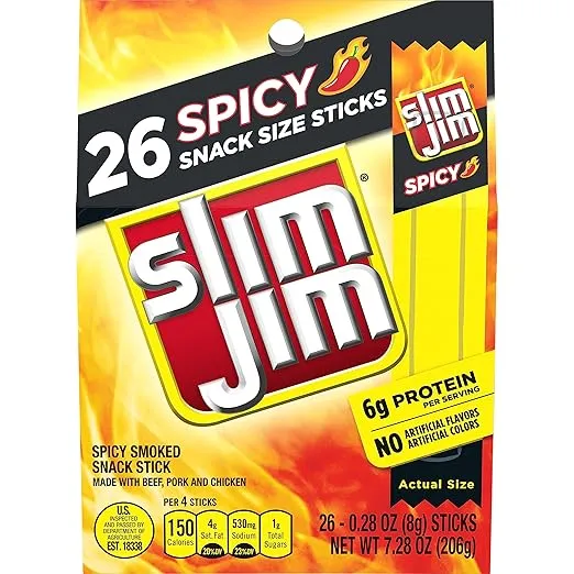 Slim Jim Smoked Meat Sticks, Spicy Flavor, 6g Protein Per Serving, Snack Size, Great Stocking Stuffer, 0.28 oz. (26 Count)