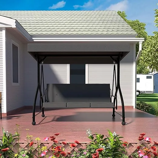 VEIKOU Outdoor Patio Swing, 3-Person Porch Swing with Convertible Seat, Removable Cushion, Weather Resistant Steel Frame,Outdoor Swing Chair for Yard, Balcony, Grey