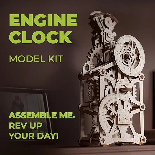 UGEARS Engine Clock 3D Wooden Puzzles for Adults - Mechanical 3D Puzzle Clock Kits for Do It Yourself, Functional Table Clock with Moving Pistons - Miniature Kit Models for Adults to Build - 265 Pcs