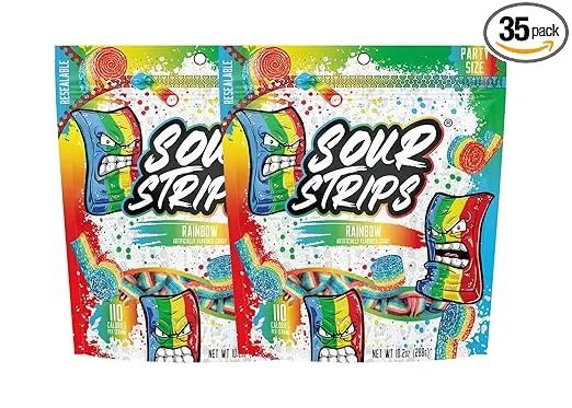 Sour Strips Flavored Sour Candy Strips, Deliciously Sour Chewy Candy Belts, Vegetarian Candies, Party Pack 2-Pack (Rainbow Party Pack)