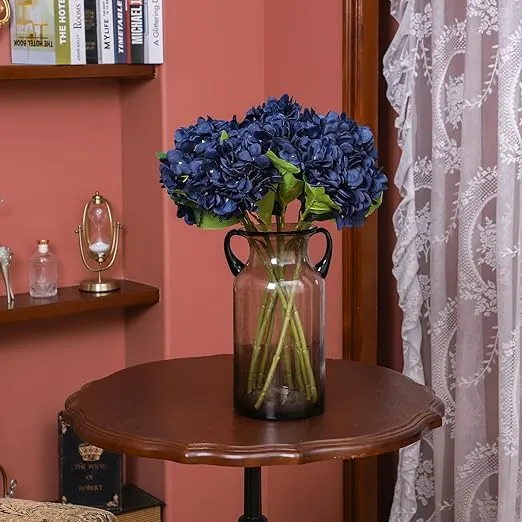 Kimura's Cabin 6pcs Nava Blue Silk Flower Artificial Hydrangea Flowers Floral Arrangements in Vase Faux Hydrangea Stems for Wedding Centerpieces for Tables Party DIY Halloween Decoration