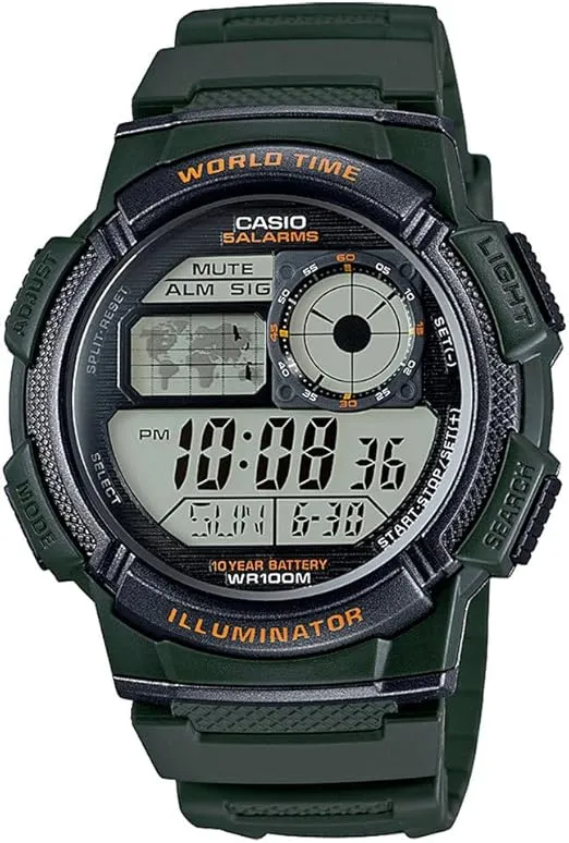 Casio AE1000W Series | Men’s Digital Watch | 100M WR | Multi Alarms | 100 SEC Stopwatch | Countdown Timer | World Map for World Time | LED Light | LC Analog Display | 10 Year Battery