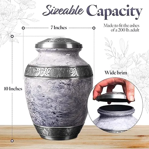 Cremation Urn for Adult Human Ashes - Large Handcrafted Funeral Memorial with Striking White (Pearl) Design (Aluminum - 10 Inch Height x 7 Inch Width)