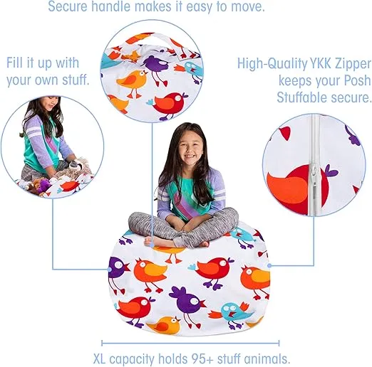 Posh Stuffable Kids Stuffed Animal Storage Bean Bag Chair Cover - Childrens Toy Organizer, Large 38" - Canvas Birds on White