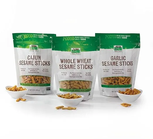 NOW Foods, Whole Wheat Sesame Sticks, Product of the USA, No Preservatives, Additives or Hydrogenated Oils, Certified Non-GMO, 9-Ounce (Packaging May Vary)