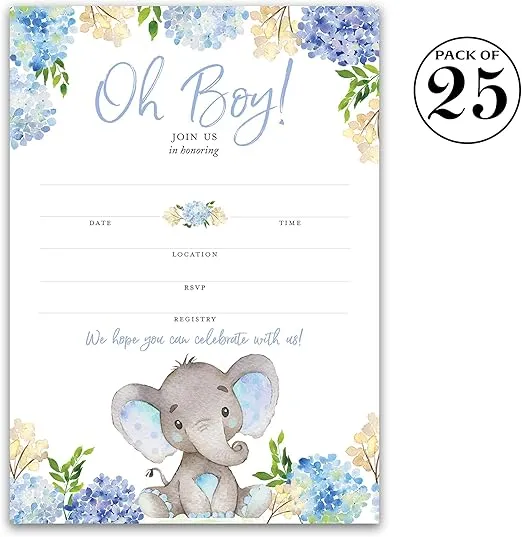 BLUE ELEPHANT Baby Shower INVITATIONS — Pack of 25 — BABY BOY Blank Fill-in Baby Shower INVITES, Oh Baby, Blue Floral BABY ELEPHANT BOY Baby Sprinkle Little Peanut Invitation SKU I531-INV1