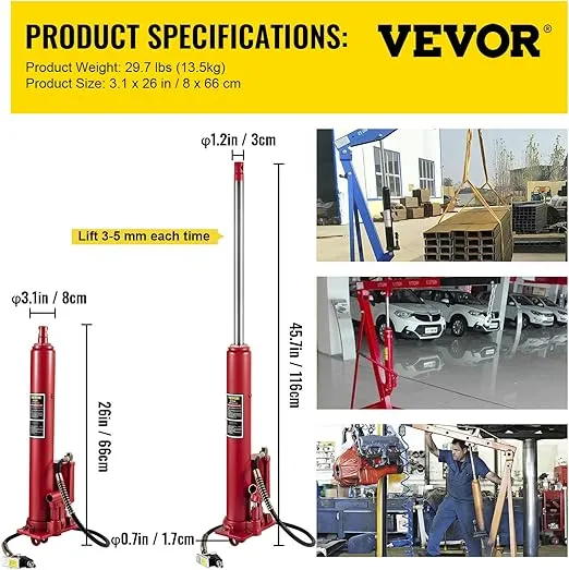 VEVOR Hydraulic/Pneumatic Long Ram Jack, 8 Tons/17363 lbs Capacity, with Single Piston Pump and Clevis Base, Manual Cherry Picker w/Handle, for Garage/Shop Cranes, Engine Lift Hoist, Red