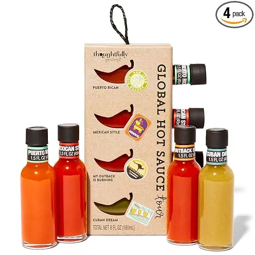Thoughtfully Gourmet, Global Hot Sauce Gift Set, Internationally Inspired Flavors Include Puerto Rican Mango Habanero, Mexican Style Hot Sauce & More, Set of 4