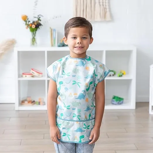 Bumkins Short Sleeve Smock, Toddler Reusable Waterproof Bib for Girls and Boys Ages 3-7 Years, Junior Childrens, Kids Paint Apron, Arts, Crafts and Play with Pocket, Soft Fabric, Dinosaurs Gray