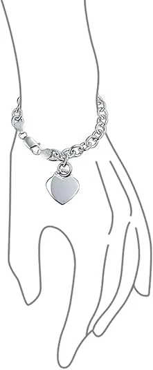 Bling Jewelry Personalized Substantial Solid Link Heart Shape Tag Charm Bracelet 7.5 8 Inch Necklace 16 Inch For Women Teens .925 Sterling Silver Made in Italy Customizable