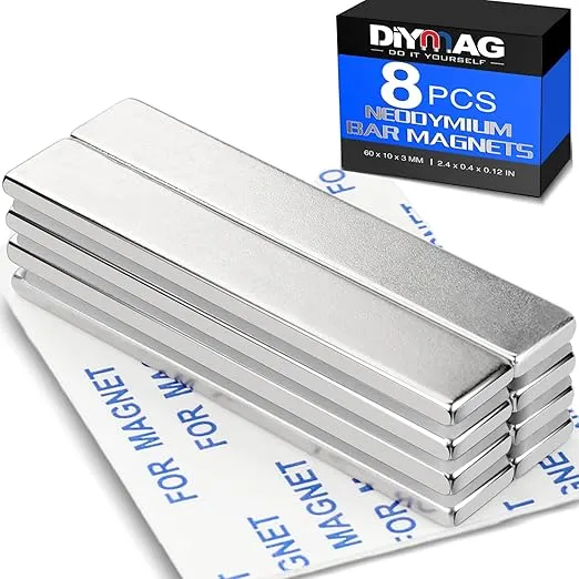 DIYMAG Powerful Neodymium Bar Magnets,Heavy Duty Magnets with Double-Sided Adhesive,Rare Earth Magnet Perfect for Fridge,DIY,Garage,Kitchen, Science,Craft,Office-60x10x3mm,8 Pack