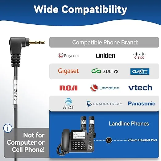 Wantek Phone Headset with Microphone Noise Cancelling, Telephone Headsets 2.5MM Jack Compatible with Panasonic AT&T RCA Vtech Uniden Dect Cisco SPA Polycom Cordless Phones for Call Center Office Work