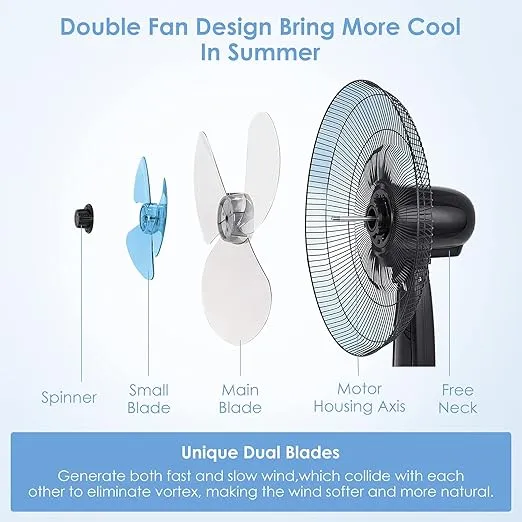 COSTWAY Pedestal Fan, 18-Inch Adjustable Height Fan, 3-Speed Digital Control, Timer, LCD Display, Double Blades, Remote Control, Quiet Oscillating Stand Fan for Home, Office, Bedroom