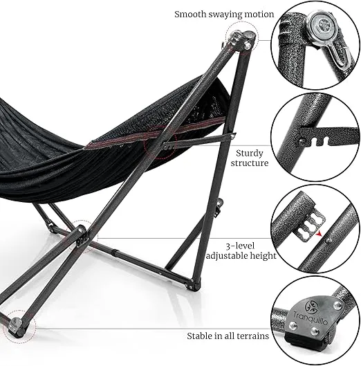 Tranquillo Hammock 600 lbs Capacity, Instant 20s Foldable Hammock Stand, 3-Year Warranty Hammock with Stand, 2 Person Camping Hammock Revolutionary Portable Hammock No Screws, Premium Hammocks, Black