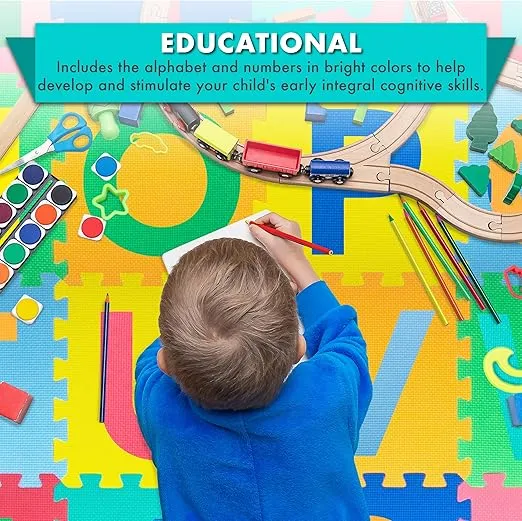 ProSource Kids Foam Puzzle Floor Play Mat with Shapes & Colors 36 Tiles, 12"x12" and 24 Borders