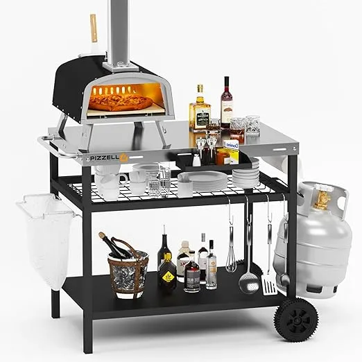 Outdoor Grill Cart Three-Shelf Pizza Oven Stand Table with Wheels Dining Cart Table for Outside Patio, Movable Kitchen Cooking Prep Table BBQ Cart with 34"x 21" Stainless Steel Tabletop