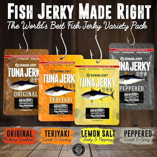 Kaimana Ahi Tuna Fish Jerky - Premium Protein & Rich In Omega-3's - All Natural & Wild Caught Tuna Jerky. Made in Hawaii, USA. (4 Pack, Variety Bundle)