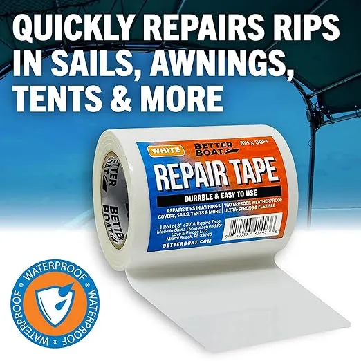 Repair Tape Fabric Repair Boat Covers Canvas Repair Tape Pop Up Camper RV Awning Repair Tape Tarp Canopy Tear & Vinyl Waterproof Bimini Tops Sail Air Mattress Patch Kit 30FTx3 White Heavy Duty