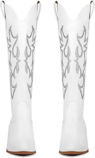 STALOV Cowboy Boots for Women,Western Pointed Toe Chunky Heel Pull-On Knee High Cowgirl Boots Fashion Embroidered Tall