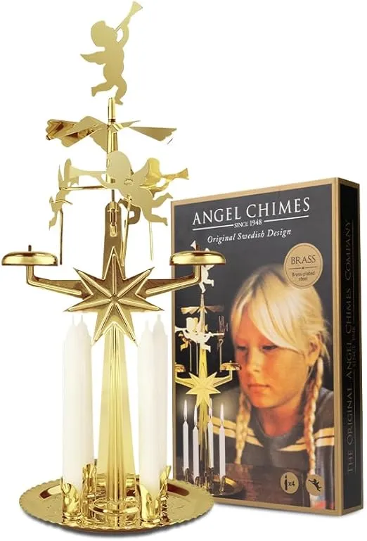 Original Swedish Angel Chimes, Carousel and 4 Candles – Scandinavian Spinning Festive Chimes for Christmas, Best Memorial Gift Since 1948, Home Decorations - Gold Brass