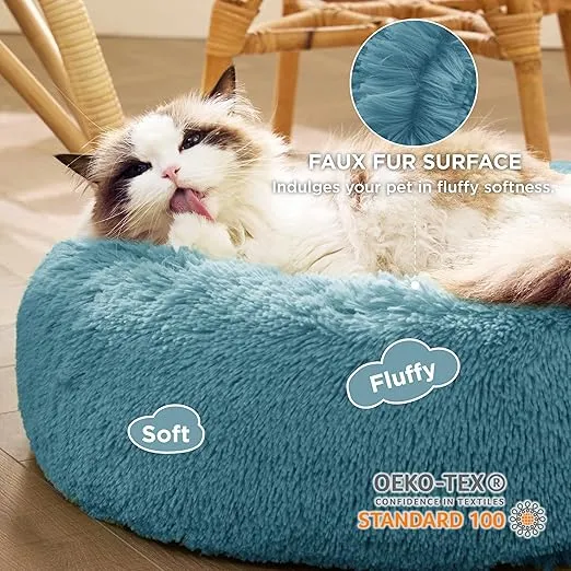 Bedsure Calming Cat Beds for Indoor Cats - Small Cat Bed Washable 20 inches, Anti-Slip Round Fluffy Plush Faux Fur Pet Bed, Fits up to 15 lbs Pets, Washed Blue
