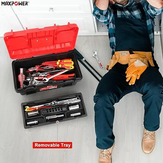 MAXPOWER Tool Box 16 inch, Plastic Small Tool Box with Latch and Removable Tray, Lockable Tool Box for Home