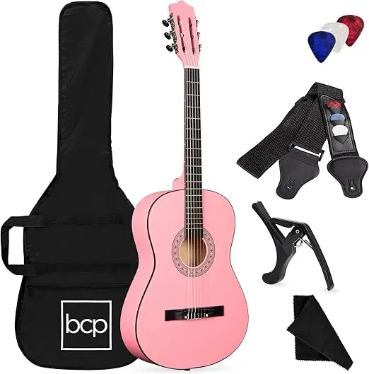 Best Choice Products 38in Beginner All Wood Acoustic Guitar Starter Kit w/Gig Bag, 6 Celluloid Picks, Nylon Strings, Capo, Cloth, Strap w/Pick Holder - Pink