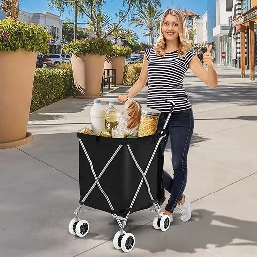 COSTWAY Folding Shopping Cart, Portable Grocery Cart on Wheels with Removable Waterproof Oxford Cloth Liner, Transport Up to 120 Pounds, Lightweight Utility Cart for Groceries, Laundry (Black)