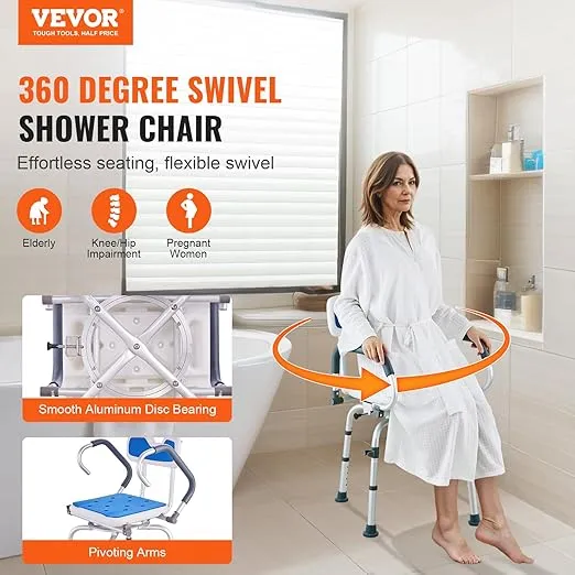 VEVOR Swivel Shower Chair 360 Degree, Adjustable Shower Seat with Pivoting Arms for Inside Showers or Tubs, Non-Slip Rotating Bathtub Shower Chair for Elderly Disabled Injured, 400LBS Capacity