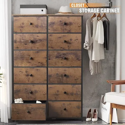 EnHomee Tall Dresser, Dresser for Bedroom with 12 Drawers Tall Bedroom Dresser for Bedroom, Large Fabric Dresser with Wood Top, Metal Frame for Closets, Living Room, Entryway, Rustic Brown