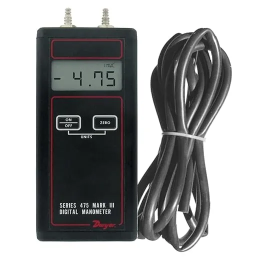 Dwyer 475-1-FM Digital Manometer + Tubing. Fast, Accurate Positive, Negative, Differential Pressure Readings. Range 0-20.00 inch w.c. Intrinsically Safe. Air or Natural Gas. Large LCD. Made in USA.
