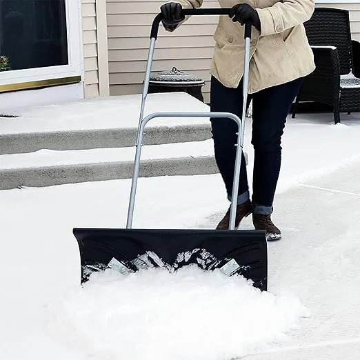 Snow Shovel with Wheels for Driveway - 6-Inch Polypropylene Wheels and Adjustable Aluminum Handle - 26-Inch Blade