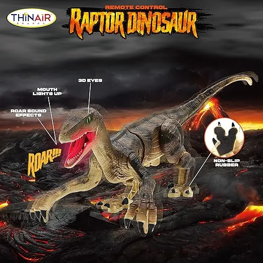 RC Dinosaur Toy: 18-Inch Velociraptor Lights Up, Roars, Walks Forward, Back, Left & Right, Has Built-in Rechargeable Battery for 1 Full Hour of Play, Includes Controller & USB Cable