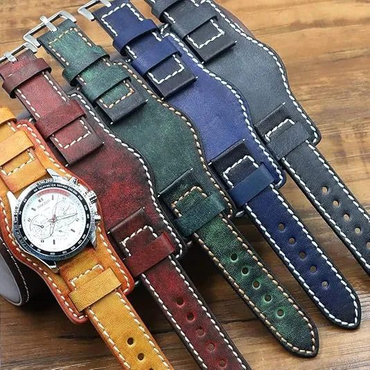 Onthelevel Leather Cuff Watch Strap 20mm 22mm 24mm Vintage Genuine Leather Watch Band with Mat for Men