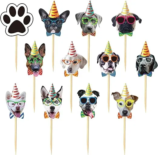 24 PCS Dog Face Cupcake Toppers Dog Cake Topper Puppy Birthday Garland Pet Theme Party Cake Decorations Supplies