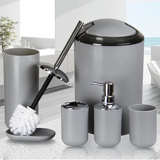 IMAVO Bathroom Accessories Set, 6-Piece Plastic Gift Set, Toothbrush Holder, Toothbrush Cup, Soap Dispenser, Soap Dish, Toilet Brush Holder, Trash Can (Grey)