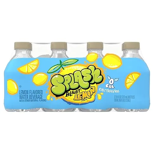 Splash Refresher Lemon Flavored Water, 8 Fl Oz, Plastic Bottle Pack of 12