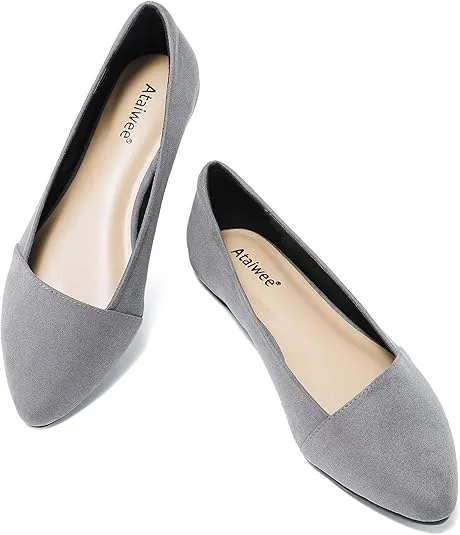 Ataiwee Women's Wide Width Flat Shoes, Classic Dressy Pointed Suede Cozy Slip on Soft Ballet Flats.