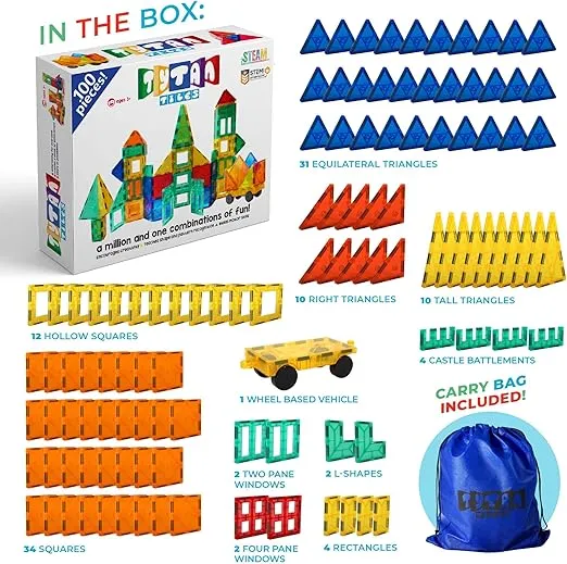Tytan TILES 100-Piece Magnetic Tiles Building Set, 1000s of Creations, Race Cars, 3D Structures, Ergonomic Design, Kids’ STEM Toy, Architecture, Innovative Play, includes Storage Bag, Ages 3+