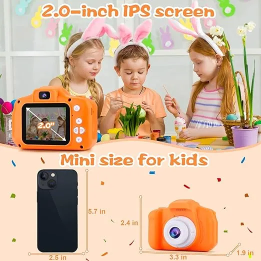 PROGRACE Kids Camera for Boys Girls - Dual Selfie Mini Children Camera Age 3 4 5 6 7 8 9 Year Old Kids Birthday Gift for Girls Boys Toy Camera for Kids Video Camera Recorder Orange