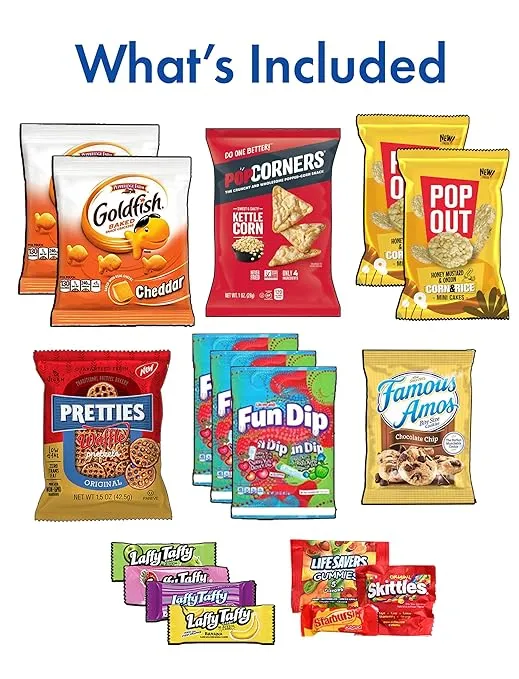BLUE RIBBON Snack Box Care Package Variety Pack (53 Count) Cookies Chips Candy Care Package for Office Meetings Schools College Students Military Women Men Couples Gift for Any Occasion