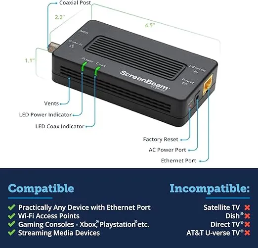ScreenBeam Bonded MoCA 2.0 Network Adapter for High Speed Internet, Ethernet Over Coax - Single Add-On Adapter for Existing MoCA Network (Model: ECB6200S02)