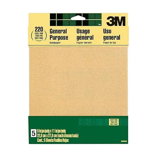 3M Sandpaper, 220 Grit, 5 Sheets, 9 in x 11 in, Sands Paint, Wood & Metal, Great For General Purpose Sanding, Very Fine Aluminum Oxide Sand Paper (9000NA-20)