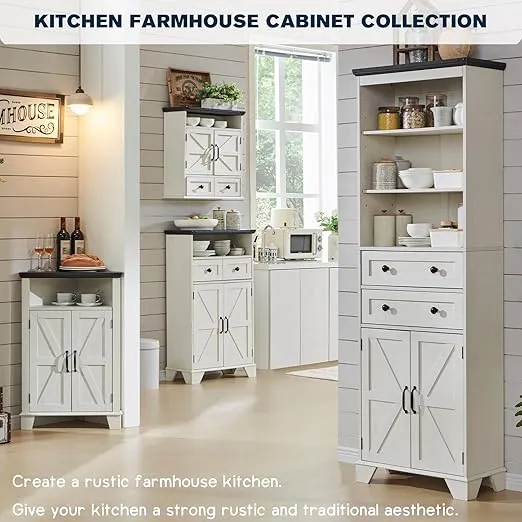 Bathroom Floor Cabinet, Farmhouse Bathroom Storage Cabinet, 24" Wide Bathroom Cabinet with Drawer, Adjustable Shelf, Barn Doors, Cabinet for Bathroom, Kitchen, Living Room, Off White