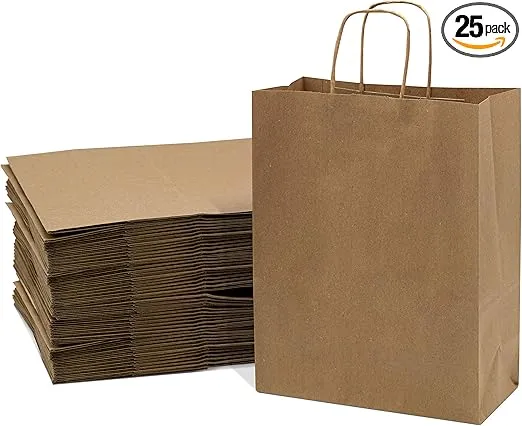 Prime Line Packaging Medium Brown Kraft Paper Bags with Handles, Shopping Gift Bags, Small Business, Boutiques, Retail, Bulk - 10x5x13 Inch 25 Pack