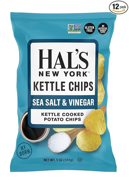 Hal's New York Kettle Chips, Sea Salt & Vinegar Kettle Cooked Potato Chips, No Artificial Colors or Flavors, Kosher, Gluten Free & Non-GMO, 5 Ounce (Pack of 12)