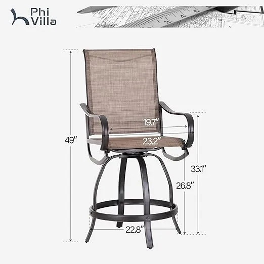 PHI VILLA Outdoor Swivel Bar Stools Set of 4,Patio Bar Chairs with Quick-Drying Fabric,Outdoor Stools with Metal Frame Durable and Sturdy, Waterproof, Rustproof,High Patio Chairs for Garden, Yard
