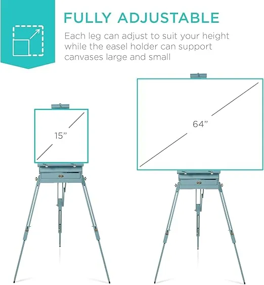 Best Choice Products French Easel, 32pc Beginners Kit Portable Wooden Folding Adjustable Sketch Box Artist Tripod for Painting, Drawing w/Acrylic Paints, Brushes, Canvases, Palettes - Blue