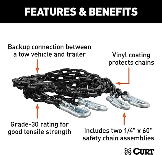 CURT 19749 60-Inch Vinyl-Coated Trailer Safety Chains with 7/16-In Snap Hooks, 5,000 lbs Break Strength, 2-Pack, BLACK VINYL